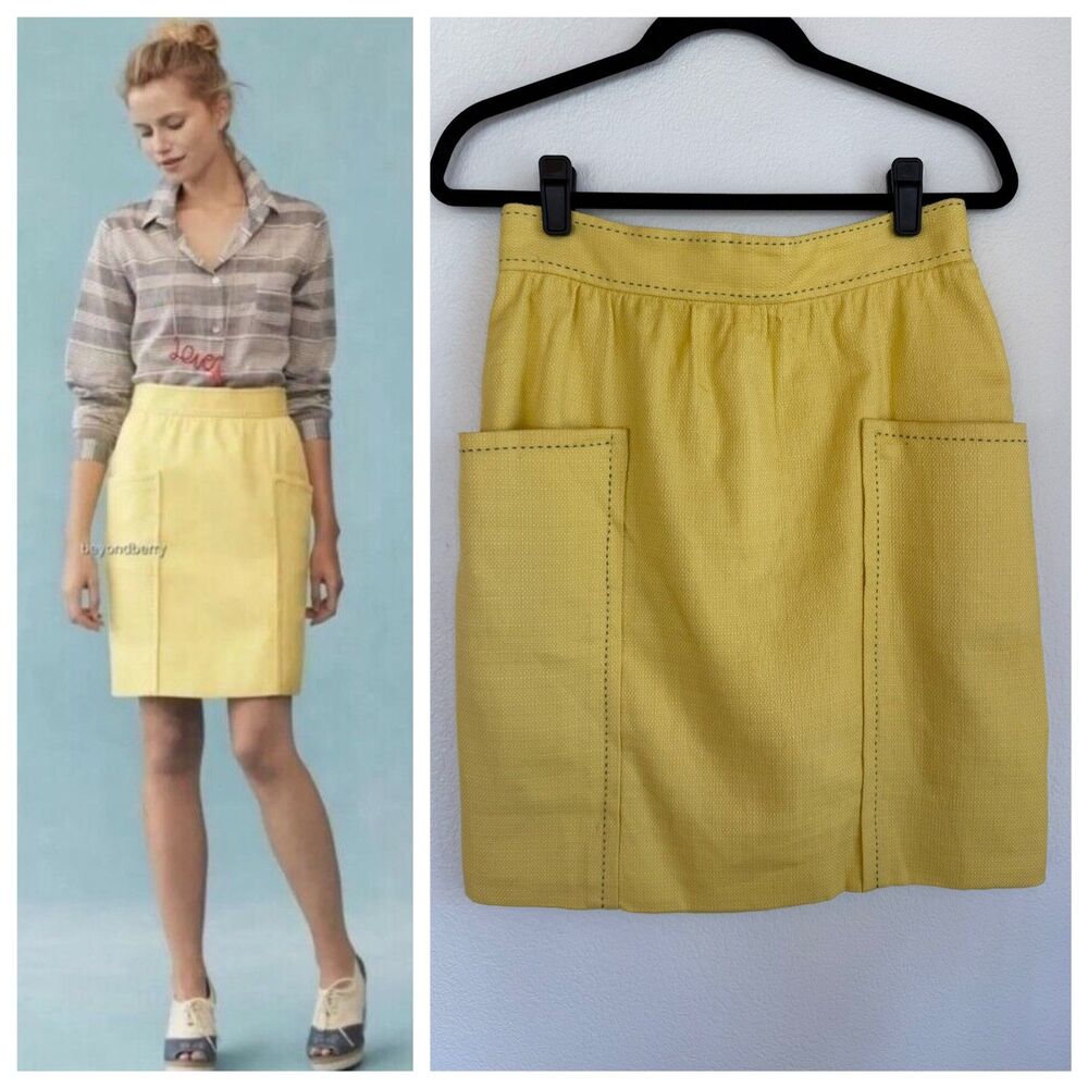 Anthro Cartonnier Well Pocket Contrast Stitch Textured Pencil Skirt in Yellow 6